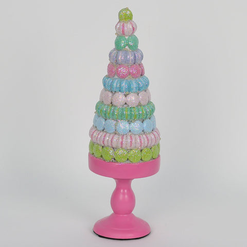 Christmas Whimsical Cone Tree Tabletop Décor - Candyland Theme with Pastel Colors and Pink Stand