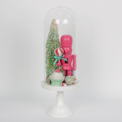 Christmas Glass Dome Table Décor with White Base - Pink Nutcracker, Pine Tree, and Cupcake with LED Light