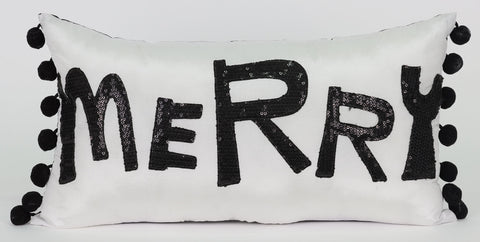 17"X7" Rectangle Black/White Christmas Pillow With "Merry" Pattern