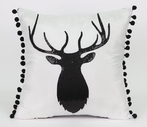 14"X14" Black/White Christmas Pillow With Deer Pattern