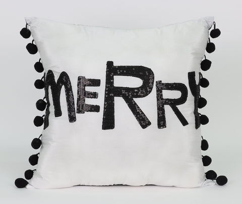 14"X14" Black/White Christmas Pillow With "Merry" Pattern