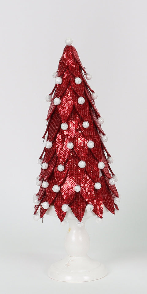 4 X 4 X 12.5"H Red Fabric Leaves With Pompom Tree Table Decor