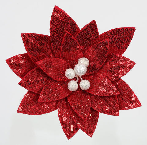 Festive 10" Red Sequin Fabric Poinsettia Clip - Add Sparkle To Your Holiday Decor - Model Asm-Nxrf190
