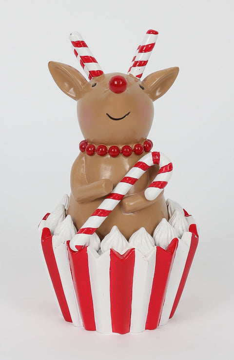 Lot de 2 cerfs en résine de 15,2 cm H tenant un cupcake en forme de canne en bonbon.