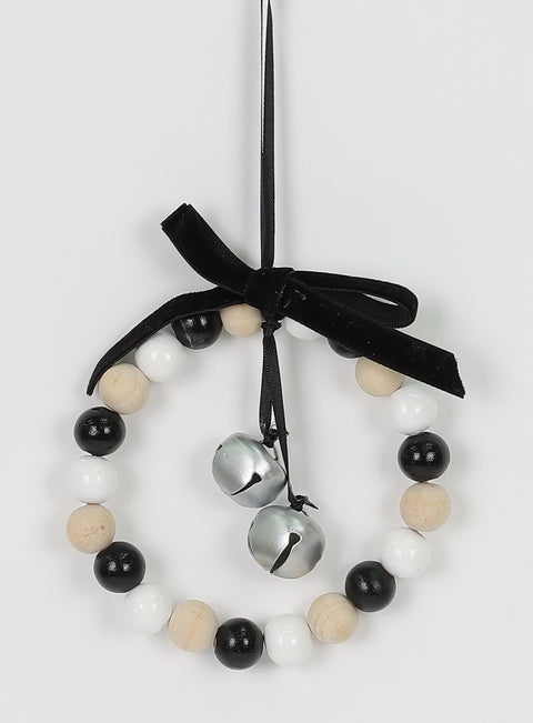 4 X 0.75 X 4"H Wooden Black/White/Nature Beads Mini Wreath Ornament