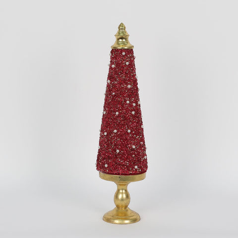 Christmas Red Tree with Golden Accents – Beaded Table Top Décor & Holiday Gift