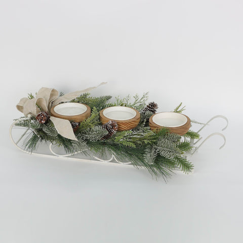 Christmas Tealight Candle Holder – Sleigh Shape with Pine Leaves, Pine Cones & Bow – Table Top Décor