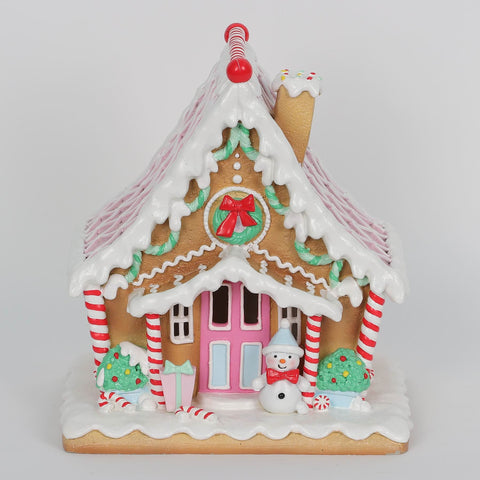 Christmas Candyland Theme Gingerbread House Tabletop Décor with LED Light and Pink Roof