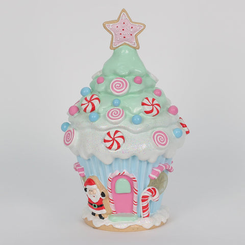 Christmas Blue Resin Cupcake Tabletop Décor with LED Light - Candyland Theme in Pastel Colors
