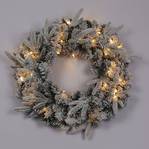 CHRISTMAS 24'' green/snow 60cm pe/pvc mixed flocked wreath w/LED light