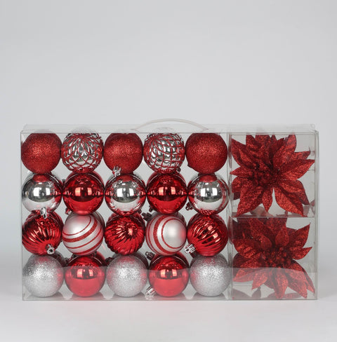 CHRISTMAS 40CT RED/SILVER SHATTERPROOF+4 POINSETTIA CLIPS