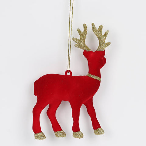 3.5*1*5.25In Red Flocked Deer W/Gold Antlers Ornament