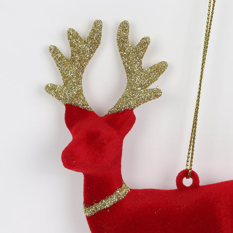 3.5*1*5.25In Red Flocked Deer W/Gold Antlers Ornament