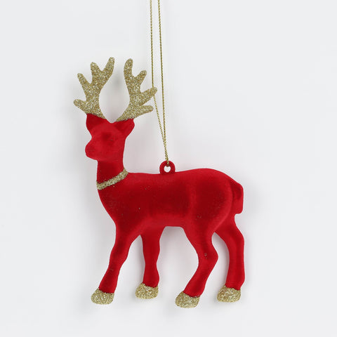 3.5*1*5.25In Red Flocked Deer W/Gold Antlers Ornament