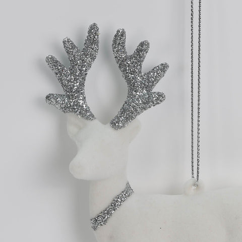 3.5*1*5.25In White Flocked Deer W/Silver Antlers Ornament