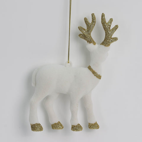 3.5*1*5.25In White Flocked Deer W/Gold Antlers Ornament