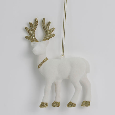 3.5*1*5.25In White Flocked Deer W/Gold Antlers Ornament