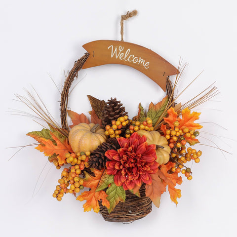 16IN FLOWERS  W/PUMPKIN & PINECONE HANGING BASKET