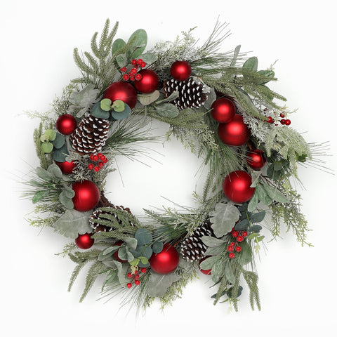 28 Inch Greenery Wreath With Pinecone/Berry/Plastic Ball