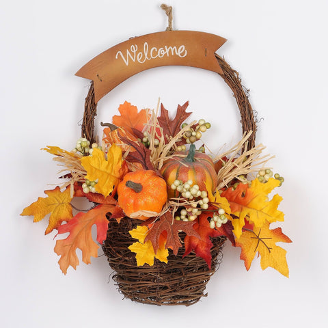 16IN PUMPKINS W/ MAPLE LEAVES HANGING BASKET DÉCOR