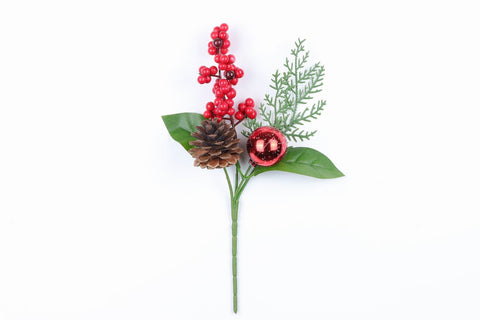 10"H Red Berries With Pinecone Pick
