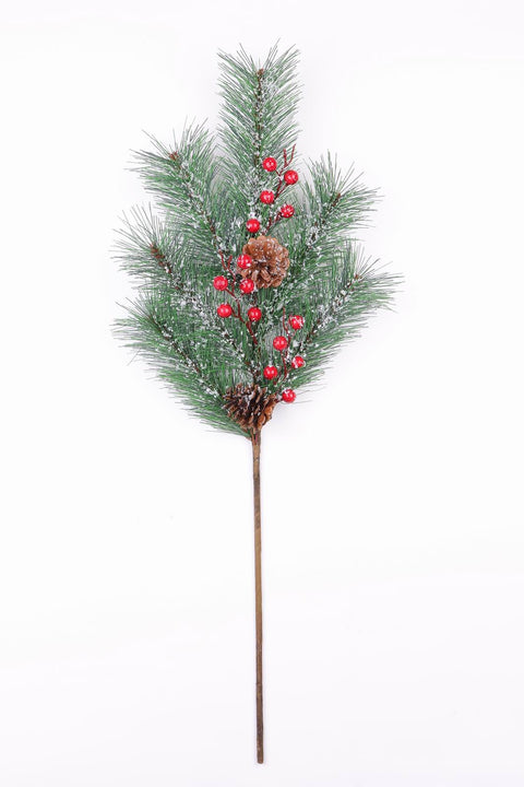 Elegant 10"H Flocked Pine Needle with Red Berries Pick - Create a Cozy Winter Ambiance - Model DV6-LXCM006A