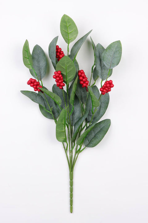 Natural 10"H Green Leaves with Red Berries Pick - Bring Nature's Beauty to Your Decor - Model DV6-LXCM008B