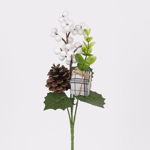 10IN PLAIDS GIFT PINECONE W/WHITE BERRIES PICK
