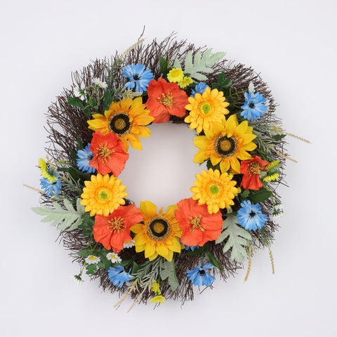 Faux Floral Wreath with Orange, Yellow, and Blue Flowers, 20 Inch Vibrant Home Decor