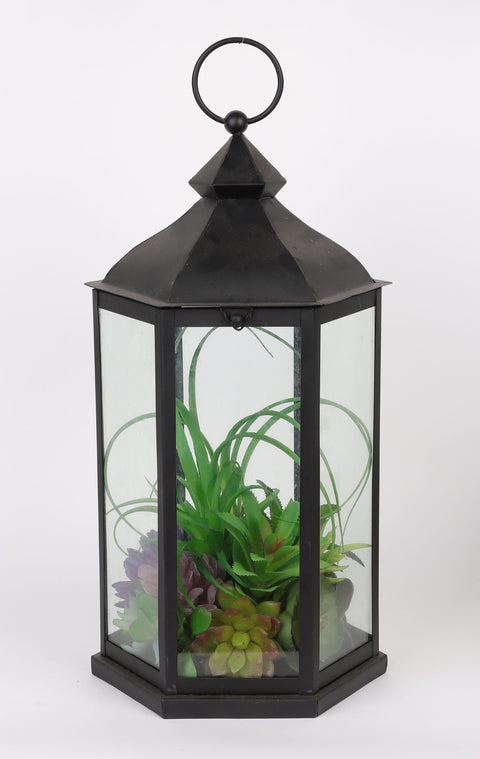 DÉCOR LANTERNE 7.75*6.75*15'' AVEC VERDURE À L'INTÉRIEUR