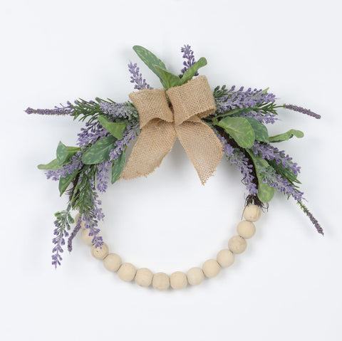 14 Inch Floral W/Wood Bead Wreath