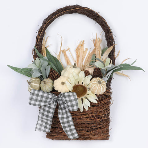 22IN FALL SUNFLOWER PUMPKINS BASKET W/BOW WALL HANGER