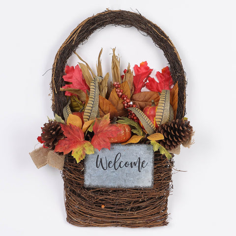 22IN FALL FLORAL W/WELCOME SIGN BASKET WALL HANGER