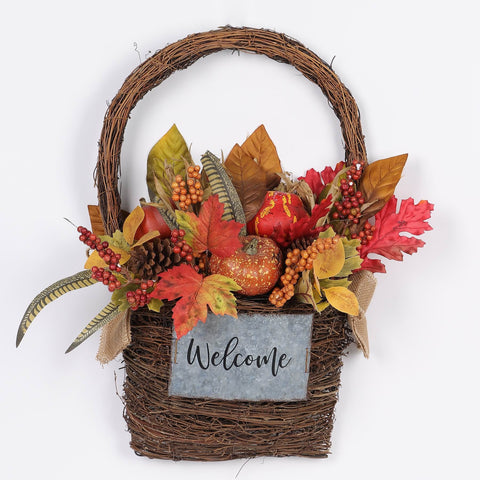 22IN FALL FLORAL W/WELCOME SIGN BASKET WALL HANGER