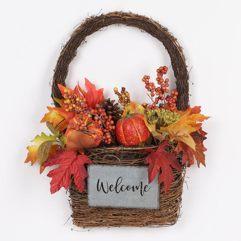 22IN FAL FLORAL W/WELCOME SIGN BASKET WALL HANGER