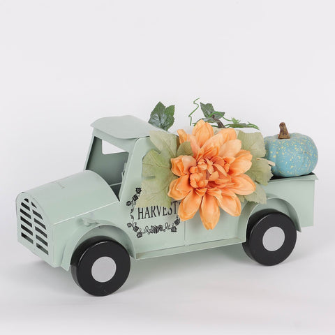 13IN FALL METAL TRUCK W/FLOWER & PUMPKIN DÉCOR