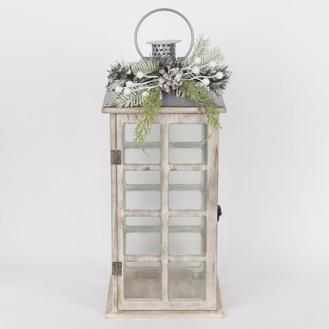 18IN CHRISTMAS WHITE LANTERN W/FLORAL DÉCOR