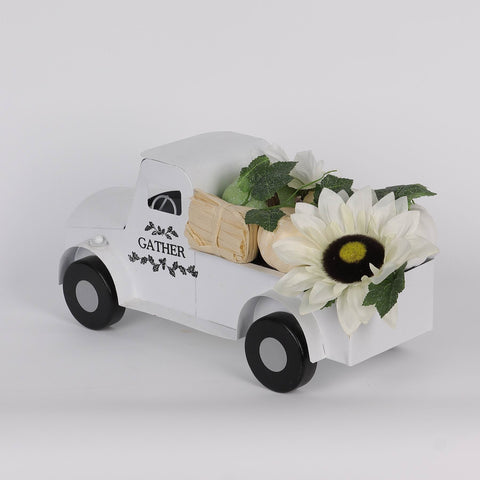 13IN FALL WHITE METAL TRUCK W/FLOWER DÉCOR