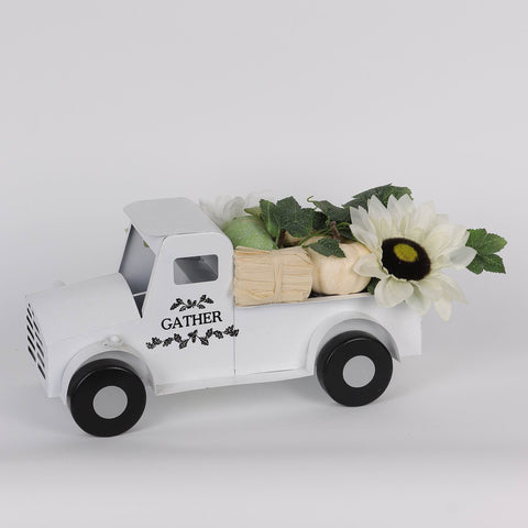 13IN FALL WHITE METAL TRUCK W/FLOWER DÉCOR