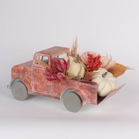 15IN FALL RED METAL TRUCK W/FLORAL DÉCOR