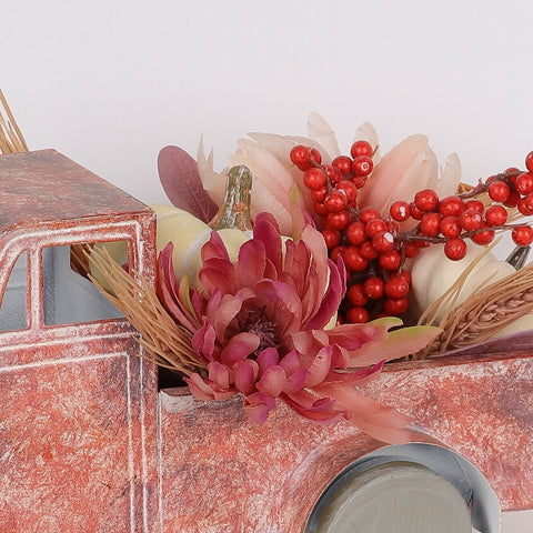 15IN FALL RED METAL TRUCK W/FLORAL DÉCOR