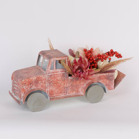15IN FALL RED METAL TRUCK W/FLORAL DÉCOR