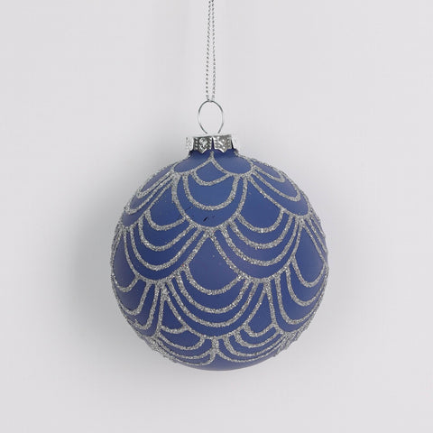 80Mm Blue W/Silver Pattern Ornament