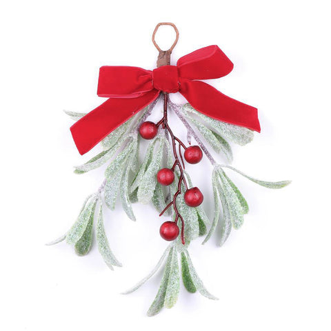Sparkling 10"H Glitter Leaves with Red Berries and Red Ribbon Bow Door Hanger - Welcome Guests with Festive Charm - Model HG35-MXJT014A
