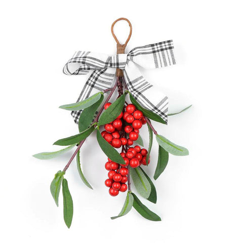Whimsical 10"H Green Leaves with Red Berries and Patterned Ribbon Bow Door Hanger - Welcome Guests with Playful Charm - Model HG35-MXJT014D