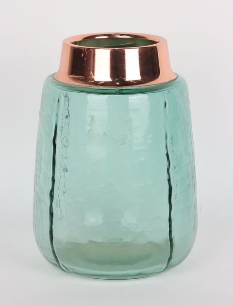 Vase en verre de 6 x 6 x 8,375 po avec embouchure en métal