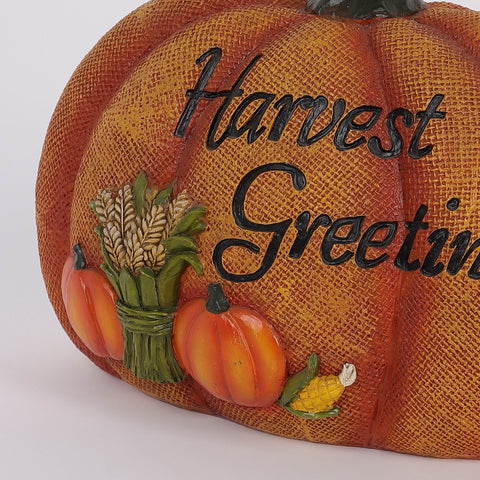 8IN FALL HARVEST GREETINGS RESIN PUMPKIN DÉCOR