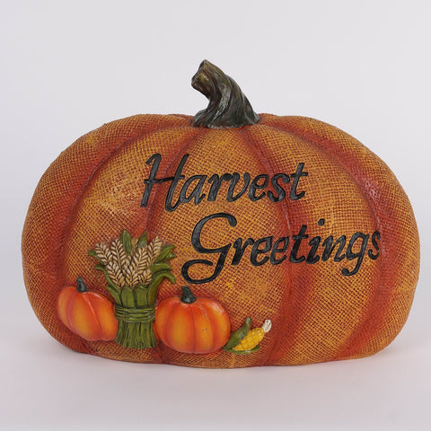 8IN FALL HARVEST GREETINGS RESIN PUMPKIN DÉCOR