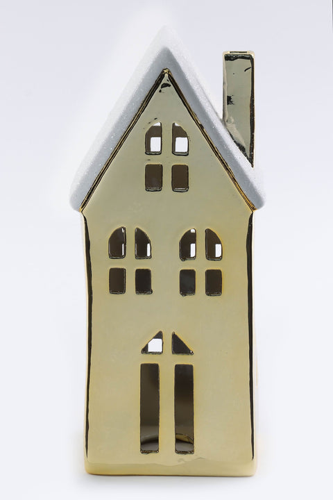 3.25 X 3.25 X 7.5"H Lighted Gold Plating Ceramic House